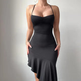 Zingj Summer New Temperament Hanging Neck Back Tie Slim Empty Lotus Leaf Skirt Dress