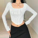 Women's Clothing 2025 Autumn Explosion U Collar Top Water Corrugated Body-Closing Sexy Long-Sleeved T-Shirt