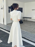 Korean Sweet Elegant 2 Piece Set Spring Summer Office Lady Skirt Suits Ruffles Polo Collar Knee-length Dresses for
