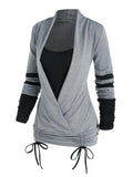 Sleeve Cinched Contrast Faux Twinset T-shirt Women Tee T Shirt Full Sleeve Ruched 2 In 1 Tee Twofer