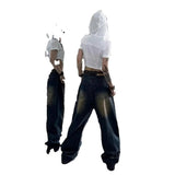 Street Vintage Blue Straight Jeans Men And Women Loose-Hanging Feel To Do Old Fashion Broad-Legged Drag Pants