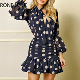 Women Long Sleeves Dot Print Ruffles Mesh Open Back Dress Elegant Fashion Chic