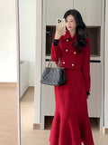 French Temperament Sweet 2 Piece Set Women Clip Wool Double-breasted Lapel Simple Chic Short Jacket+Skirt Suit Retro
