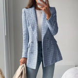 Fashion Double Breasted Tweed Check Blazers Coat Women 2021 Vintage Long Sleeve Pockets Female Outerwear Chic Veste