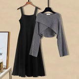 Winter Knitted Two Pieces Sets Womens Outfits Korean Casual Irregular Long Sleeve Short Sweaters And Knitting Dresses