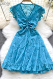 Women Hollow Out Drawstring Dress Sexy V-Neck Sleeveless High Waist A-Line Ruffle Hem Draped Vestidos