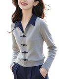 Chinese Style Gray Polo Collar Knitted Shirt Autumn Women 2025 New Small Small Small