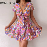 Women Chic Deep V Neck Short Sleeves Cascading Ruffles Hem Disty Floral Sexy A-line Sweet Party