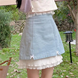 Kawaii Mini Skirts Women Japanese Sweet Blue Ruffle Lace Patchwork Fairycore High Waist Pleated Skirt Soft Girl
