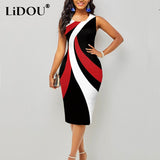 Fashion Vintage Polka Dot Plaid Print Splicing Bodycon Dress Sleeveless Office Elegant Sheath Evening Party Dresses
