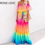 Women Off Shoulder Gradient Color Ruffles Maxi Dress Elegant Fashion Chic