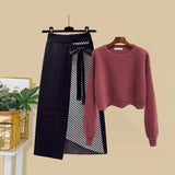 Women Autumn Winter Warm Knitted Two Pieces Sets Korean Long Sleeve Pullover Sweater Top And High Waist Skirts