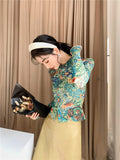 Dragon Print Green Mesh Top Long Sleeve Blouse Button Up Collar See Through Shirt Designer 2021 Fashion