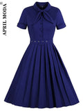 2022 Swing Rockabilly Solid Flare Dress 50s Retro Vintage Bow Neck Knee-Length Pin Up Bandage Office Pleated