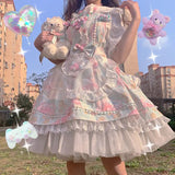 Sweet Kawaii Jsk Lolita Dress Women Vintage Victorian Gothic Cartoon Sleeveless Bow Lace Princess Tea Party Dresses