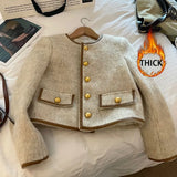 Vintage Cropped Blazer Women Korean Short Tweed Jacket Office Lady Elegant Thicken Quilted Single Breasted Outerwear