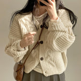 Solid V Neck Puff Sleeve Cable Knit CardiganOutfit