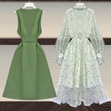 Women Suit Long Vest Jacket Coat Top And Floral Print Chiffon Dress Two Piece Set Elegant Outfit Office Ladies