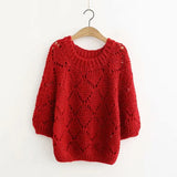 Hollow Japanese College Wind Sweater Women Short Long-sleeved Thin Large Size Solid Round Neck Pullover Jumpers