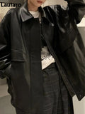 Spring Autumn Cool Retro Casual Oversized Black Waterproof Soft Faux Leather Jackets for Women Zipper Elastic Waist