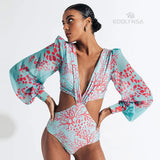 V- Neck Bandage Print Long Sleeve Swimwear Women Monokini Sexy Bathing Suit String Backless Beachwear Pus Size