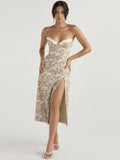 Elegant Print Flower Spaghetti Strap Midi Dress For Women Gown Summer New Sleeveless Backless High Split Dress