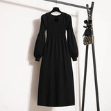 Winter Knitwears Sweater Dresses Office Ladies Elegant Solid Lantern Sleeve High Waist A-line Knitted Dresses 4XL