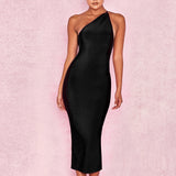 New Women Bandage Dresses 2022 Sexy One Shoulder Spandex Backless Sleeveless Celebrity Bodycon Party Midi Dress