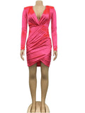 Sexy Solid Shine Velvet Ruched Irregular Mini Dress Women Long Sleeve Deep V Neck Bodycon Night Clubwear