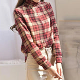 Autumn Agaric Edge Stand Collar Vintage Classic Plaid Sanding Single Breasted Blouse Femme Long Sleeve Simple Shirt