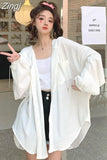 Coats Summer Solid Hooded Oversize Button Thin Sweatshirts Women Preppy Style Mid Length Zip Up Jackets Korean