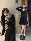 Polo Neck Long Sleeve Black Midi Dresses for Women 2023 Autumn New Fashion Slimmer Waist Casual Korean Female