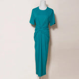 2021 summer midi dress short sleeve knot t-shirt dress solid color korean womens