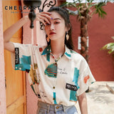 Summer Short Sleeve Shirt Women Chiffon Blouse Print Button Up Loose Collared Shirt Casual Tops For