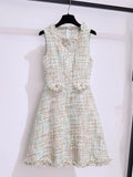 Winter French Vintage Fragrance Tweed Two Piece Set Women Outfit Office Ladies Elegant Coats+sleeveless Dresses Sets