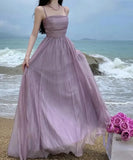 Spaghetti Strap Purple Long Dresses for Women 2023 Summer Sexy Tulle Pleats Fairy Evening Party Backless Female