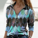 Women Long Sleeve V Neck Geometric Print Blouse Vintage Loose Polo Shirt Y2K Harajuku Oversize Tops Elegant Zip Sweatshirt