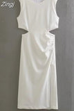 2023 Cut Out Long Dress Women Summer Sleeveless White Black Dress Woman Fashion Ruched Midi Elegant Party Dresses For