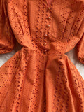 Women Green/Orange/White Hollow Out Midi Dress Elegant V-Neck Puff Short Sleeve High Waist Party Robe Female Vestido