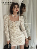 Puff Sleeve White Lace Bodycon Dress Club Outfits For Women Tunic Backless Square Neck Mini Ladies Dress Elegant