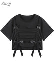 Black Bow Lace Up Gothic Crop Top Women 2023 Summer Streetwear Harajuku Causal Tees Short Sleeve Goth T-Shirt