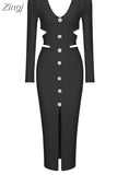 Winter Long Sleeve Maxi Bandage Dress Sexy White V-Neck Hollow Out Diamond Button Dress Evening Club Celebrity Party