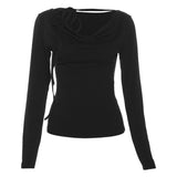 Solid Collar Neck Tie Long Sleeve Knitted TeeOutfit