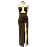 Women's Clothing 2025 Spring New Hanging Neck Dress Sexy Bare Back Open Fork Rope Repair Dress Dress