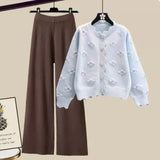 Winter Knit Sets Womens Outfits Korean Sweet Floral Knitted Cardigan And Wide Leg Pants Sets Ladies Elegant Knitting
