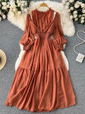Vintage Purple/Green/Orange Women Draped Long Dress Elegant Ruffle Collar Hollow Out High Waist A-Line Vestidos