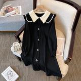 Winter Knitwears Sweater Dresses For Women Koeran Sweet Bow Peter Pan Collar Ruffles Patchwork Knitted Dress 4XL