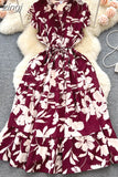 Women Floral Chiffon Midi Dress Vintage V-Neck Ruffle Hem Elegant Single Breasted Vestidos Female Vacation Beach Robe