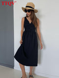 Summer V-Neck Green Women'S Dress 2022 Casual Loose Sleeveless Office Midi Dresses Elegant Classic Ruched Female