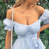 Women Solid Ruffles Hem Strap Short Sleeve Cold Shoulder Mini Dress Summer Mini